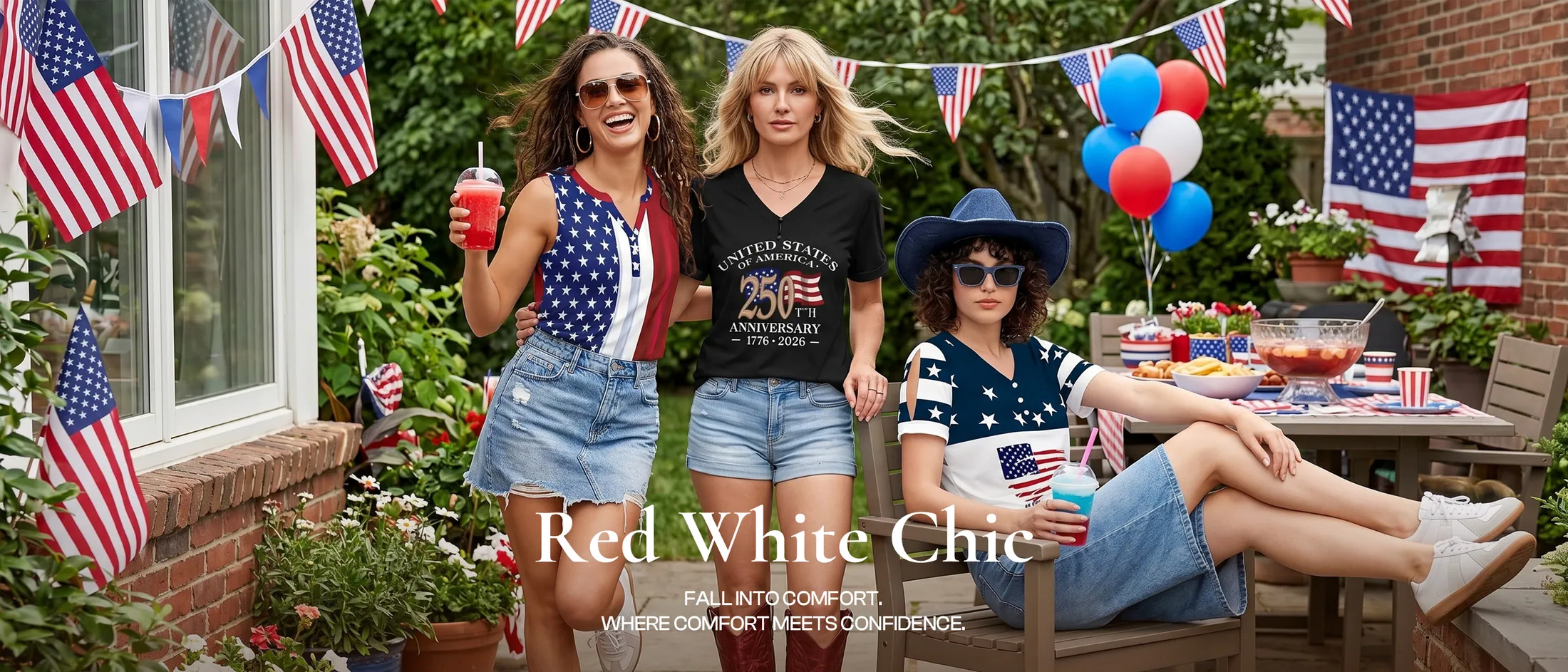 Three women in flag-print tops at a summer table hung with bunting