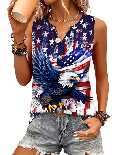Tank Tops for Women USA Flag Sleeveless V Neck Casual Blouses Shirt