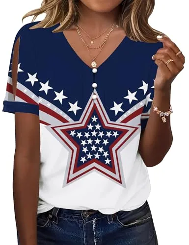 USA Flag Summer Tops for Women Split Short Sleeve Blouses Shirts