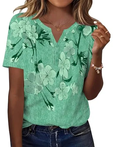 Womens Pullover Shirts Summer Short Sleeve Button V Neck Tunic Tops