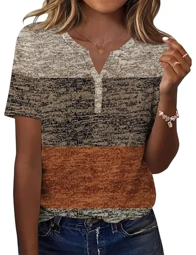 Ladies Short Sleeve Tops Button V Neck for Women Pullover Shirts