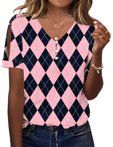 Womens Tops Cold Shoulder Short Sleeve Button V Neck Casual Blouses
