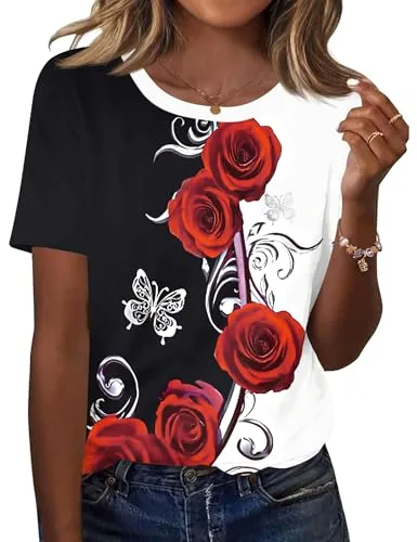 Crew Neck Shirts for Women Short Sleeve Trendy Casual Tops Blouses