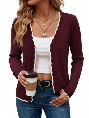 V Neck Button Down Cardigan Sweaters Long Sleeve Cardigans Wine