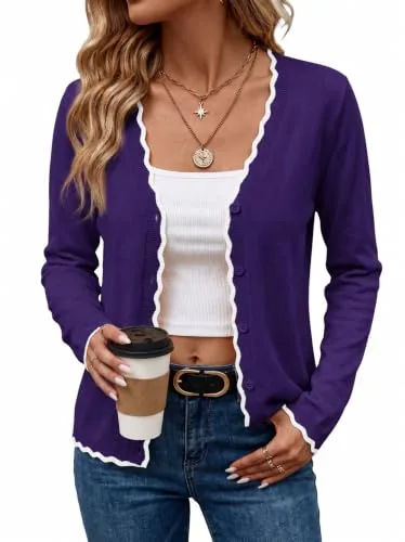 V Neck Button Down Cardigans Long Sleeve Cardigan Sweaters Purple