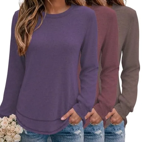 Women's Fashion 3 Pack Long Sleeve Tops Plus Size Crew Neck Sweatshirt