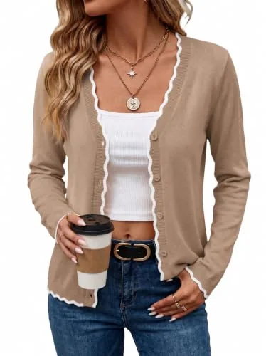 Lightweight V Neck Button Up Casual Cardigan Sweaters Light Camel