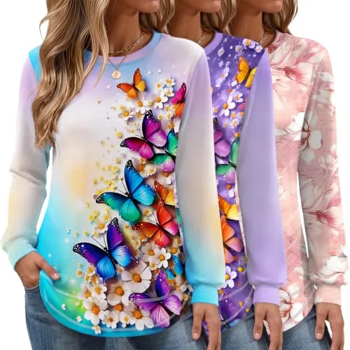 3 Pack Ladies Blouses and Tops Crew Neck Long Sleeve Everyday TShirts