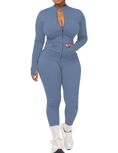 Women Workout Set Tracksuit 2 Piece Zip Up Jacket Yoga Pants Set