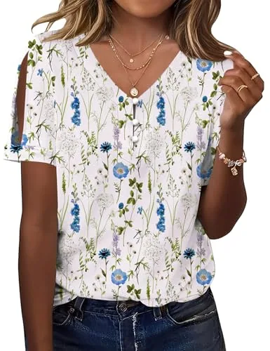 Women's Cold Shoulder Tops V Neck Short Sleeve Summer Tee Shirts