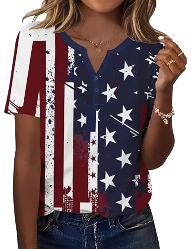 Women Shirts and Blouses Button V Neck Short Sleeve USA Flag Tops