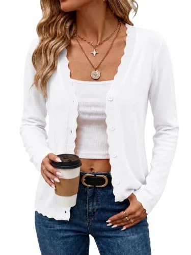 Womens Lightweight V Neck Button Down Cardigan Knit Sweater White