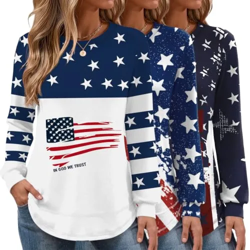 Women's 3 Pack Long Sleeve Tops USA Flag Crew Neck Patriotic Shirts