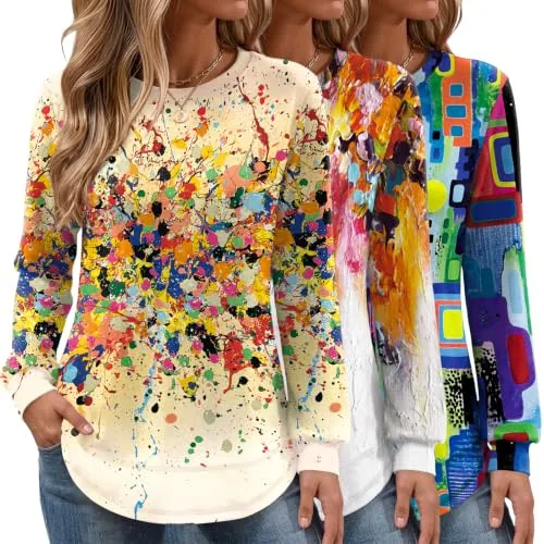 Women's 3 Pack Tops Long Sleeve Crew Neck Solid Lightweight Sweatshirt