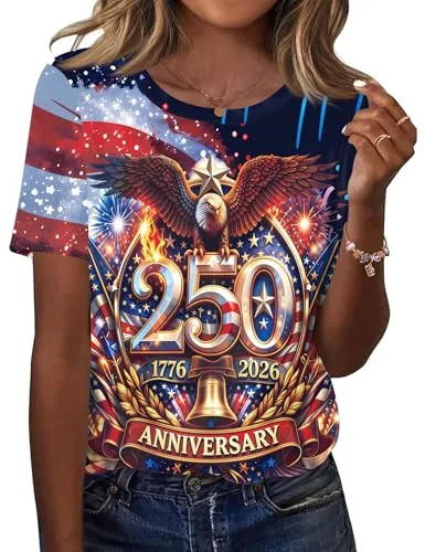 USA Shirt Crew Neck Tops for Women Short Sleeve Dressy Casual Blouse