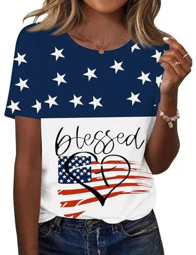 Crew Neck USA Flag Tops Short Sleeve Dressy Casual Blouses Shirts