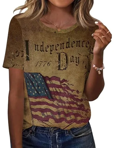 Women's Tops Plus Size Short Sleeve Patriotic Shirt Casual Blouses