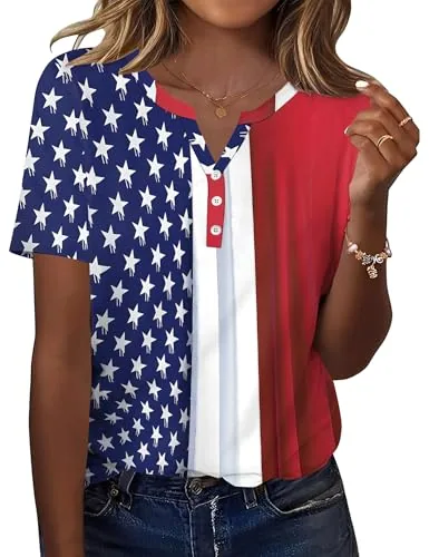 Womens USA Flag Patriotic Shirts V Neck Short Sleeve Blouses Tops