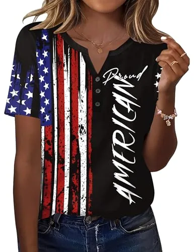 American Flag V Neck Tops for Women Short Sleeve Blouses T Shirts