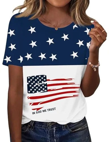 Women's Tops Plus Size Short Sleeve Patriotic Shirt Casual Blouses