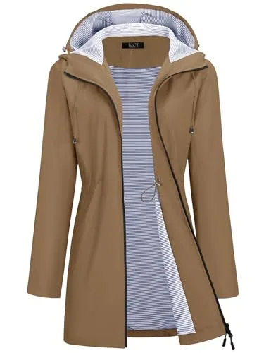 Womens Rain Jacket with Hood Waterproof Lined Raincoat Khaki Brown