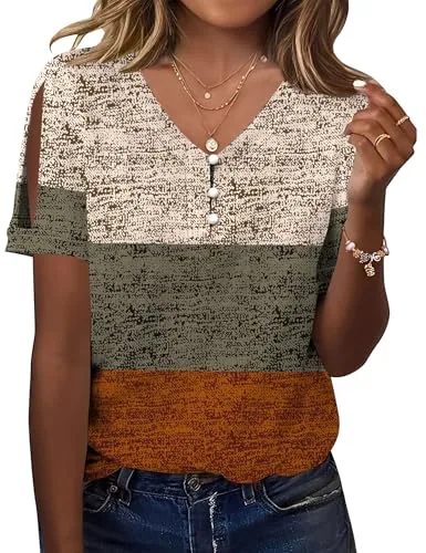 Short Sleeve Tops for Women Button V Neck Dressy Casual Blouse Shirt