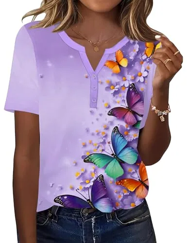 Womens T Shirts Short Sleeve Button V Neck Tunic Tops Summer Clothes