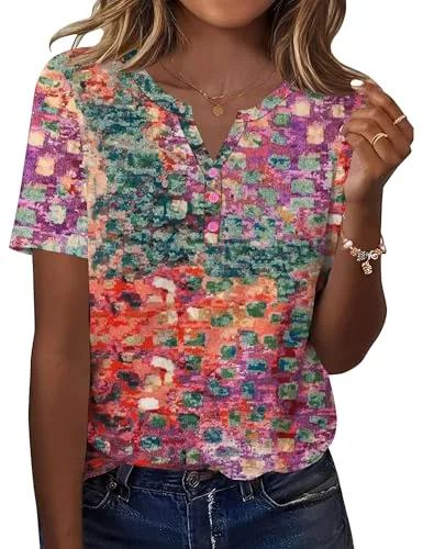 Womens T Shirts Casual Summer Short Sleeve Button V Neck Tunic Tops
