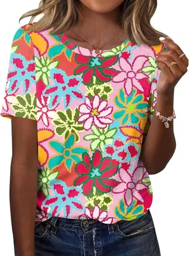 Women Short Sleeve Crew Neck Tops Summer Blouses Pullover Shirts