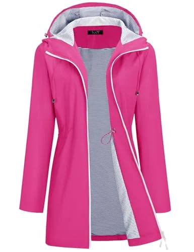 Rain Jacket Women Long Raincoats Waterproof Hooded Coats Fuchsia