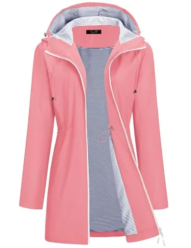 Ladies Rain Jackets Waterproof with Hood Long Raincoats Coral Pink