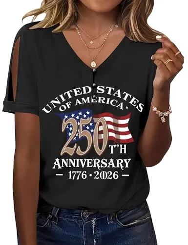 Women's Short Sleeve Button V Neck Tops Blouses 4th of July Shirts