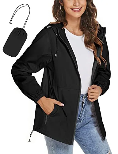 Womens Raincoats Drawstring Windbreaker Waterproof Lightweight Packable
