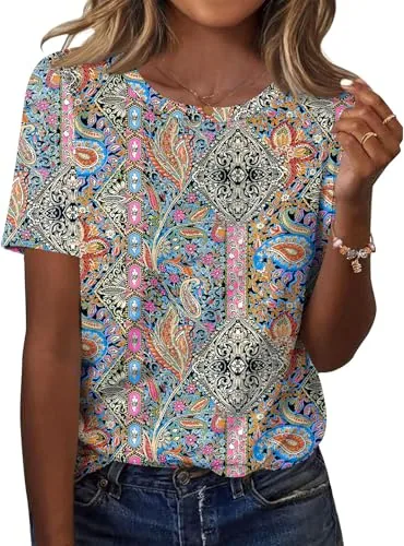 Casual Crew Neck Short Sleeve Loose Fitting Tops for Women Shirts