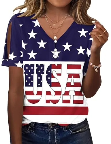 Womens Tops and Blouses V Neck Split Short Sleeve Patriotic Shirts