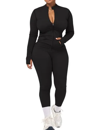 Women Gym Set 2 Piece Long Sleeve Zip Jacket Yoga Leggings Outfit