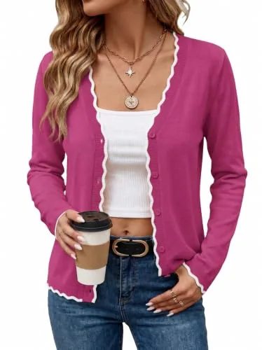 Cardigan Sweaters for Women Lightweight V-Neck Cardigans Rose Red