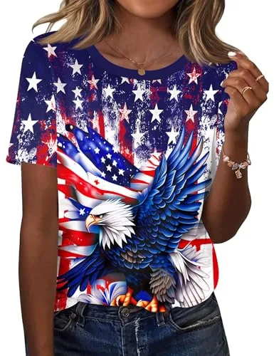Women Tops and Blouses Crew Neck Short Sleeve Summer Patriotic Shirt
