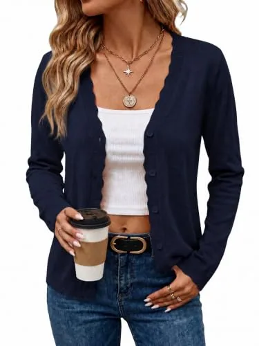 Women's Cardigans V Neck Long Sleeve Soft Knit Cardigan Navy Blue