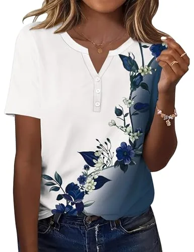 V Neck Tops for Women Short Sleeve Blouses Shirts Fashion Clothes