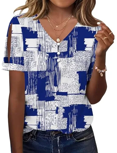 Women's Cold Shoulder Short Sleeve Button V Neck Tops Casual Blouses