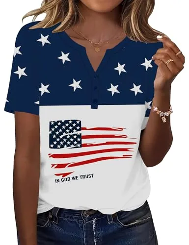 Women USA Flag Tshirts and Blouses Button V Neck Short Sleeve Tops