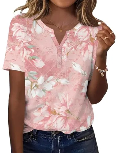 Womens T Shirts Summer Casual Short Sleeve Button V Neck Tunic Tops