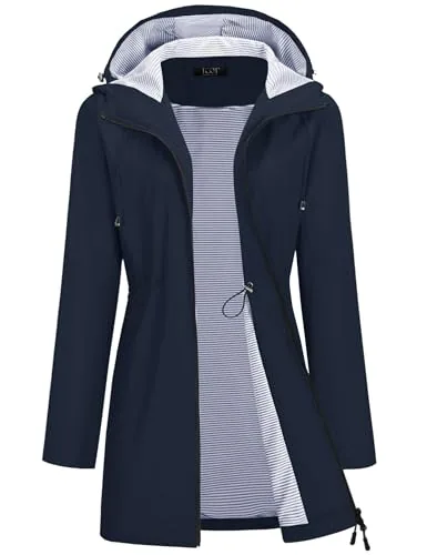 Women's Waterproof Rain Jacket Long Lined Raincoats with Hood Navy