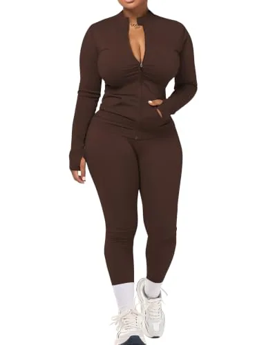 Women Athleisure Set 2 Piece Zip Up Top High Waist Leggings Set