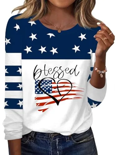 American Flag Crew Neck Tops for Women Long Sleeve Blouses Shirts