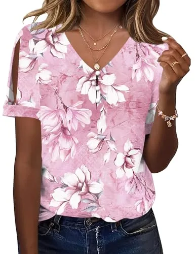 V Neck Shirts for Women Short Sleeve Tops Cold Shoulder Blouses