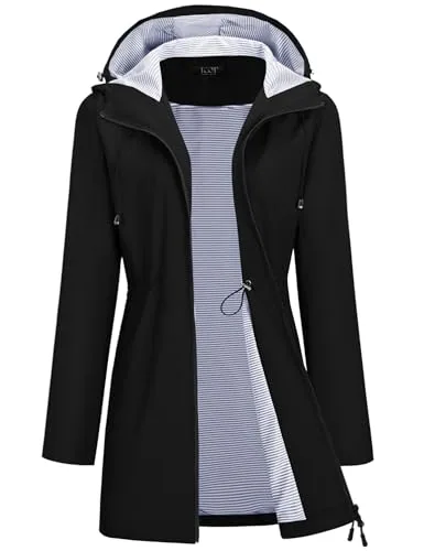 Women's Stripe Lined Raincoats Waterproof Hooded Rain Jacket Black