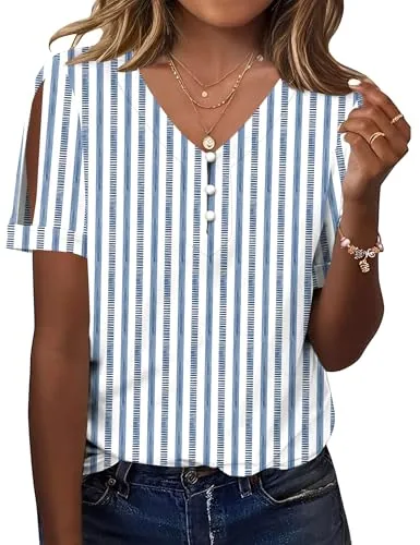 Women's Cold Shoulder Tops and Blouses Short Sleeve V Neck Shirts